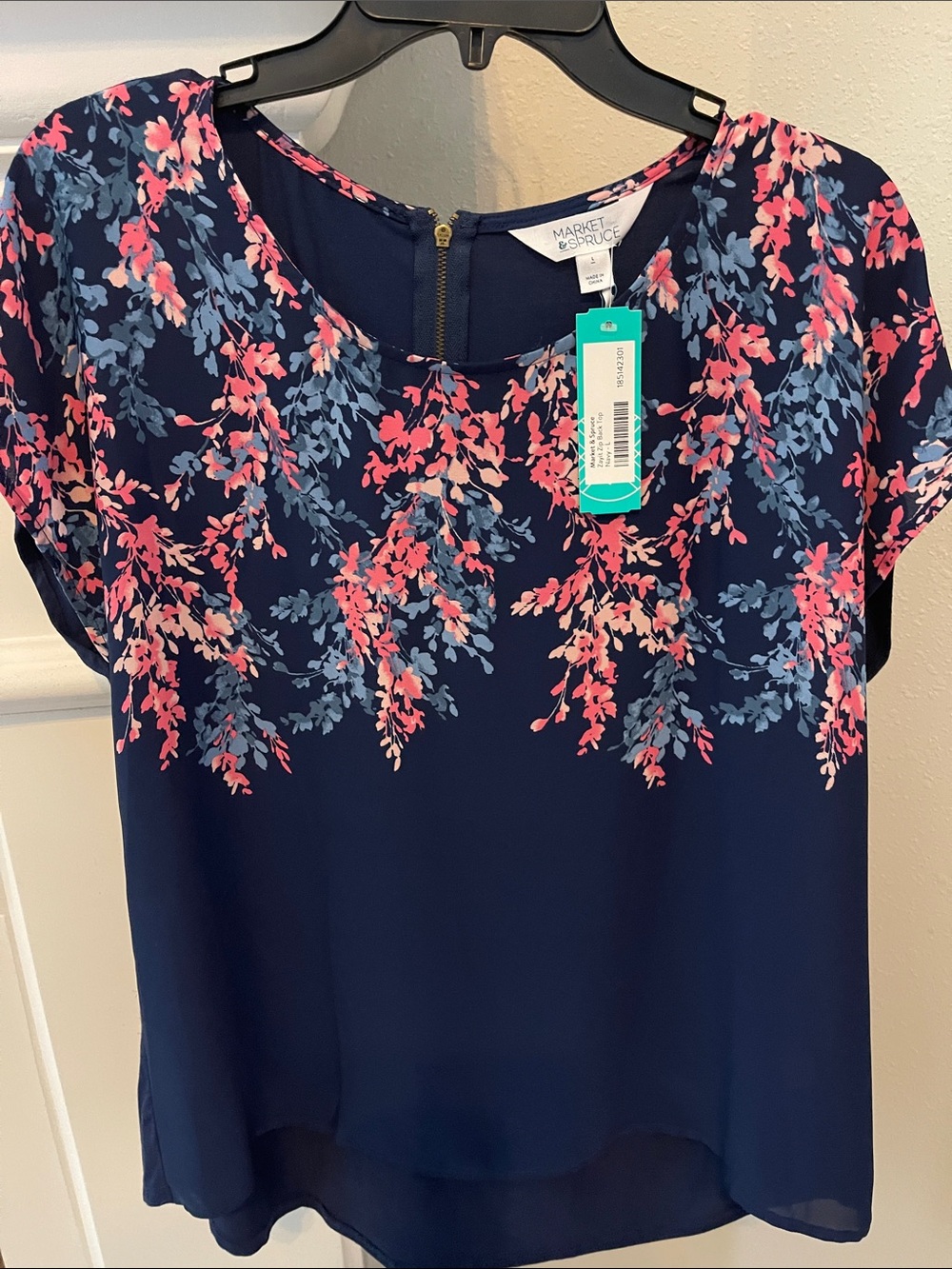 Market & Spruce Navy Floral Cascade Short-Sleeve Blouse